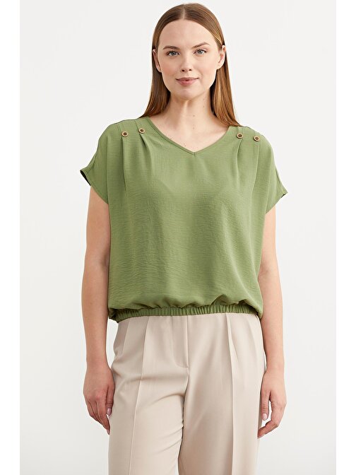 Beli Lastikli V Yaka Crop Bluz - Yeşil