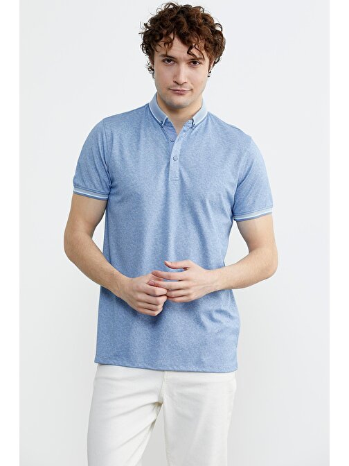 Polo Yaka Slim Fit Desenli Tişört - Mavi