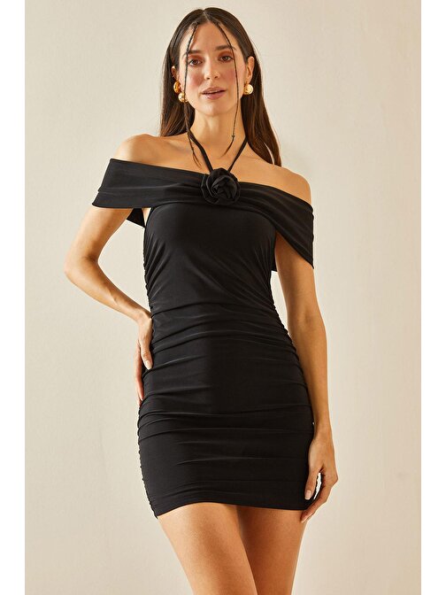 Siyah Kayık Yaka Gül Detaylı & Drapeli Mini Elbise 5YXK6-48352-02 | L