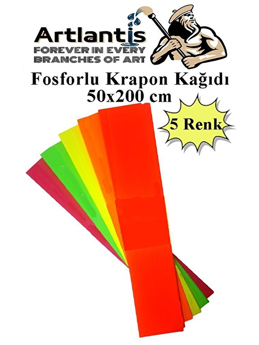 Fosforlu Krapon Kağıdı 5 Renk 50x200 cm 1 Paket Grapon Kağıdı Karışık Renkli 5'li Okul Sınıf Kreş