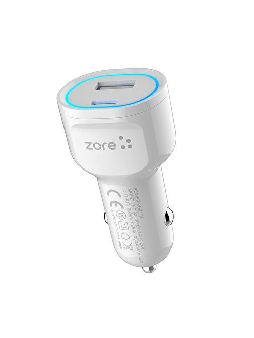 Zore CC-02 Hızlı Şarj Özellikli LED Işıklı QC 3.0 USB-A ve Type-C PD Araç Şarj Başlığı PD 20W