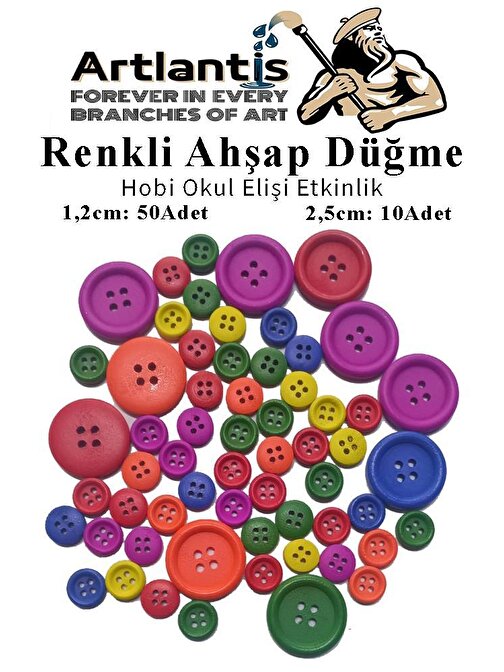 Renkli Düğme Ahşap 60 Adet 1 Paket Okul Kreş Sanat Etkinlik Anasınıfı 1,2cm 50 Adet 2,5cm 10 Adet