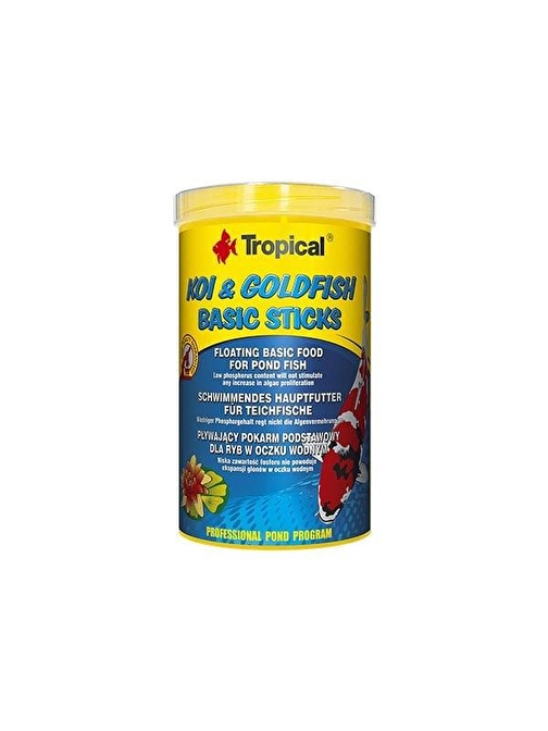 Tropical Koi Goldfish Basic Sticks Havuz Balıkları için Yüzücü Temel Balık Yemi 1000 Ml 80 Gr