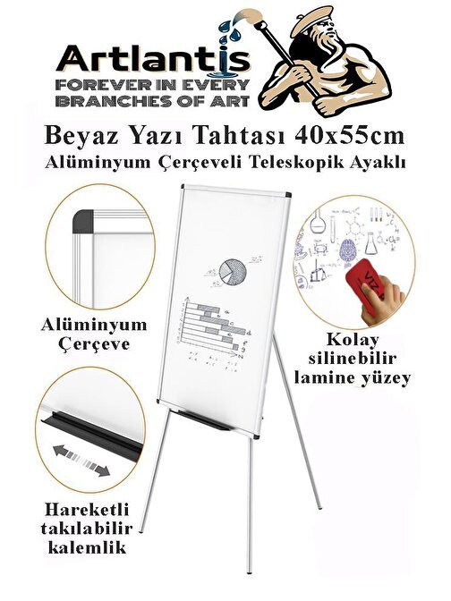 Ayaklı Yazı Tahtası Beyaz 40x55 cm Teleskobik Ayaklı 1 Adet Alüminyum Kolay Silinebilir Ergomik Beyaz Yazı Tahtası