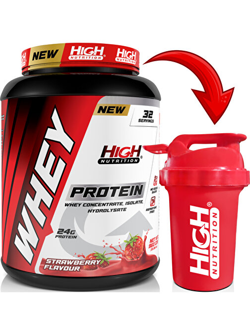 High Nutrition Whey Protein 960 gr Çilek Aromalı Protein Tozu 24 gram Protein 32 Servis Hediye Shaker