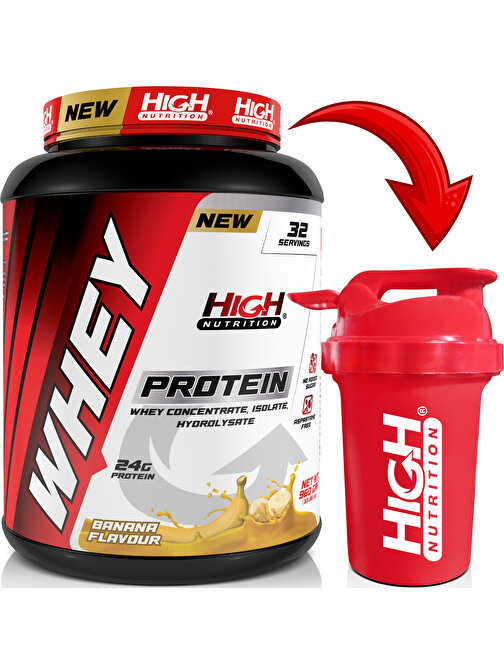 High Nutrition Whey Protein 960 gr Muz Aromalı Protein Tozu 24 gram Protein 32 Servis Hediye Shaker