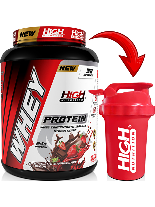 High Nutrition Whey Protein 960 gr Çikolata Çilek Aromalı Protein Tozu 24 gram Protein 32 Servis Hediye Shaker