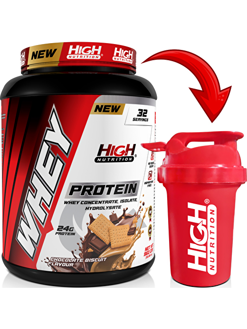 High Nutrition Whey Protein 960 gr Çikolata Bisküvi Aromalı Protein Tozu 24 gram Protein 32 Servis Hediye Shaker