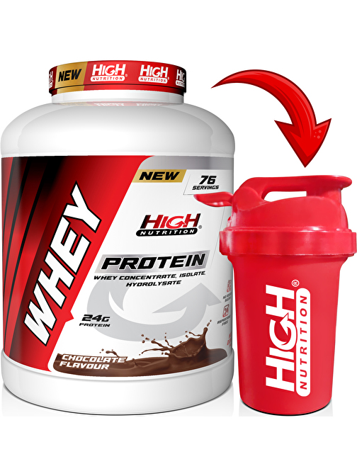 High Nutrition Whey Protein 2280 gr Çikolata Aromalı Protein Tozu 24 gram Protein 76 Servis Shaker Hediyeli