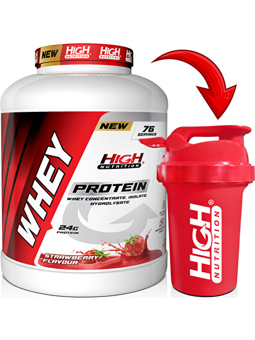 High Nutrition Whey Protein 2280 gr Çilek Aromalı Protein Tozu 24 gram Protein 76 Servis Shaker Hediyeli