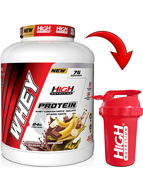 High Nutrition Whey Protein 2280 gr Çikolata Muz Aromalı Protein Tozu 24 gram Protein 76 Servis Shaker Hediyeli