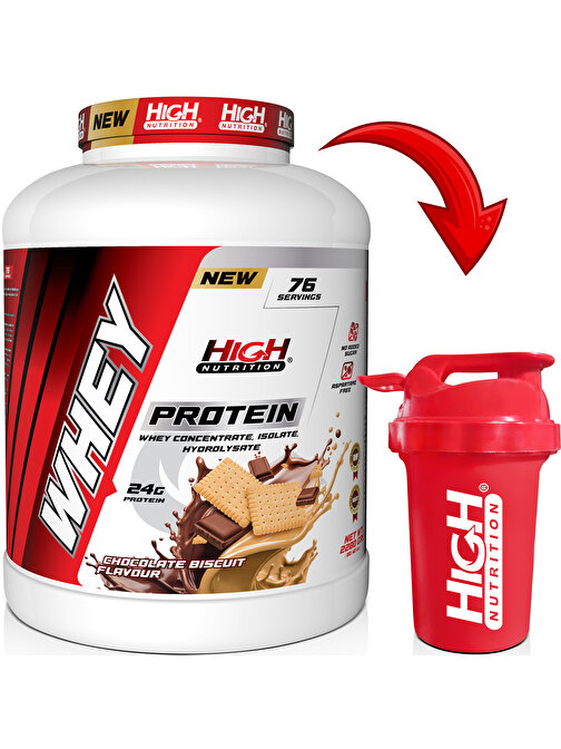 High Nutrition Whey Protein 2280 gr Çikolata Bisküvi Aromalı Protein Tozu 24 gram Protein 76 Servis Shaker Hediyeli