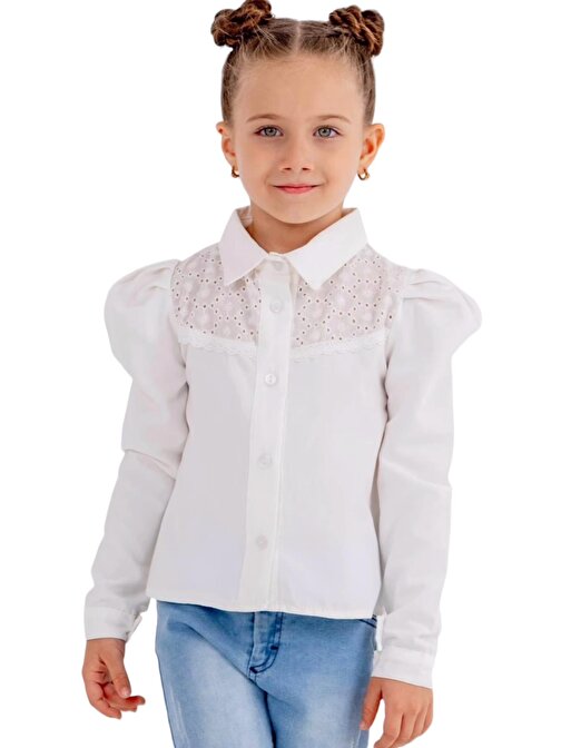 Kız Çocuk Dantel Güpür Detaylı Karpuz Kol Kırık Beyaz Renk Gömlek