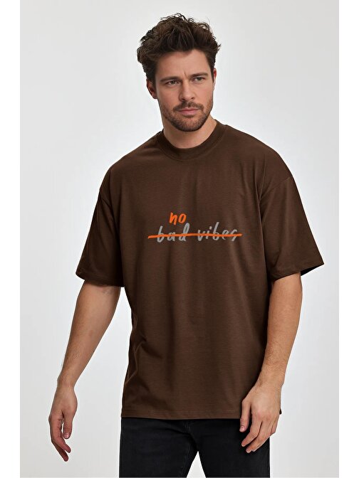 Erkek Oversize %100 Pamuk Bad Vibes Baskılı T-shirt Kahverengi Edw051