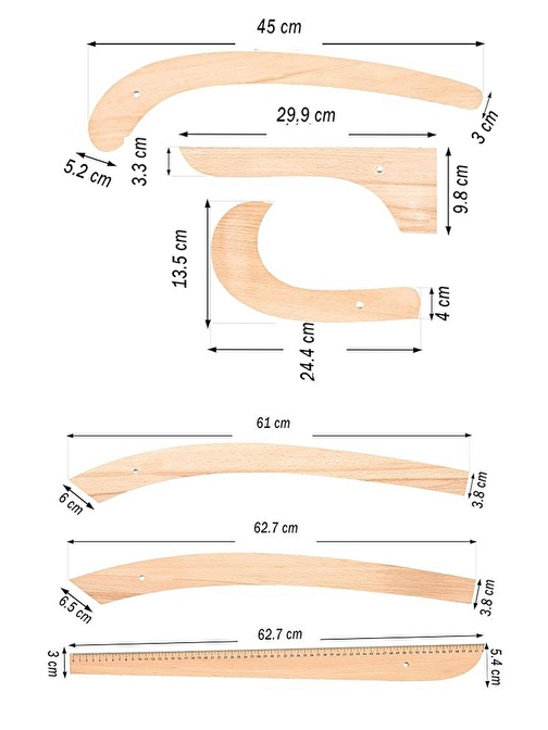 Riga Cetvel Seti Ahşap 6 Parça 1 Paket Riga Seti Riga Takımı Terzi Modelist Tekstil Cetveli
