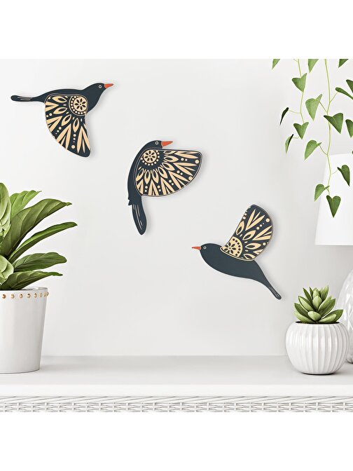 CajuArt Dekoratif Üçlü Desenli Kuşlar Ahşap Duvar Tablo Dekor Süs
