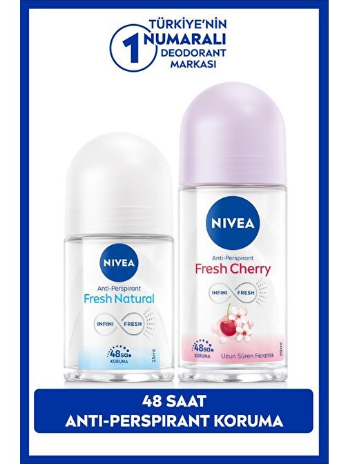 Kadın Roll-on Deodorant Fresh Cherry 50ml ve Mini Roll-on Fresh Natural 25ml Set, 48 Saat Koruma