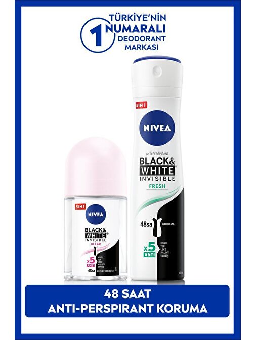 Kadın Sprey Deodorant Black&White Fresh 150ml ve Mini Roll-on Black&White 25ml, Koyu Leke Karşıtı