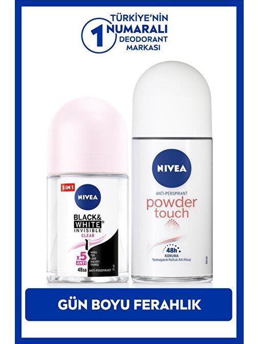 Kadın Roll-on Deodorant Powder Touch 50ml ve Mini Roll-on Black&WhiteClear 25ml, Bakımlı Koltuk Altı