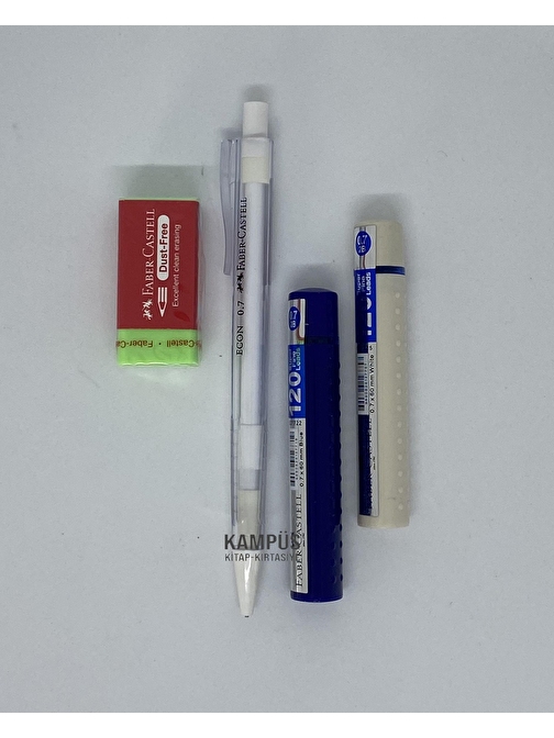 Faber Castell Econ 0.7 Beyaz Kalem + 2 Adet 120'li Uç + Dust Free Silgi Seti