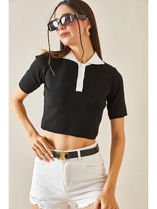 Siyah Polo Yaka Düğmeli Crop T-Shirt 5YXK2-48437-02 | STD