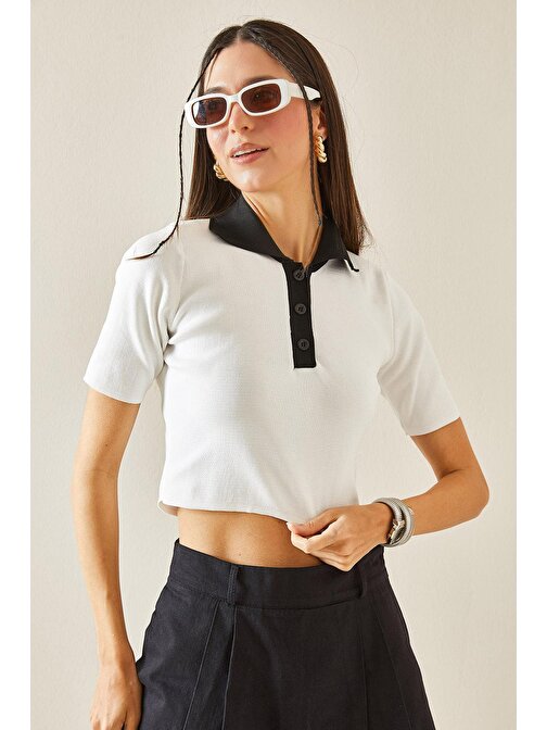 Beyaz Polo Yaka Düğmeli Crop T-Shirt 5YXK2-48437-01 | STD