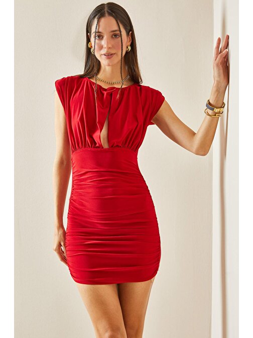 Kırmızı Pencere Detaylı Vatkalı & Drapeli Elbise 5YXK6-48426-04 | M
