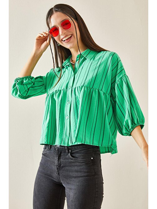 Yeşil Çizgili Balon Kol Crop Gömlek 5YXK2-48403-08 | S