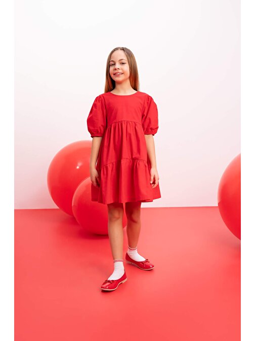 Kız Çocuk 23 Nisan Çocuk Bayramı Kısa Kollu Kırmızı Elbise B6927A824SM