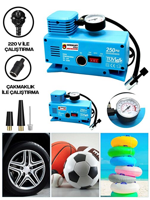 Germany Style Sega 220 Volt-12 Volt 250 Psi Psi Kompresör Lastik Hava Şişirme Oto Pompası