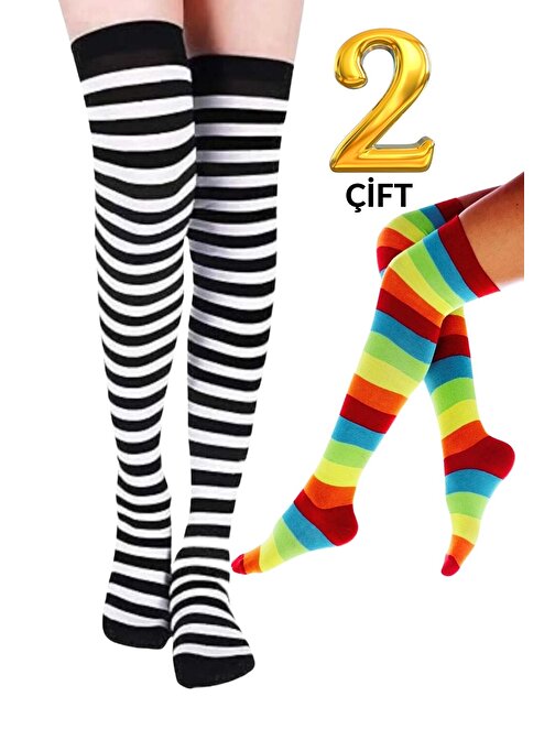 Kadın Dizüstü Çorap (2 Çift) Günlük Düz Çizgili Pamuklu Diz Üstü Siyah Çorap Yeni Trend