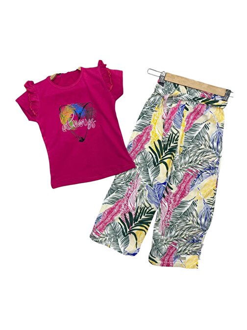 Kız Çocuk Always Yazı Desenli Tişört Bol Paça Pantolonlu Fuşya Renk Takım