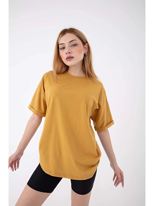 Kadın Basic Baskısız Düz Oversize Salaş Bol Kesim Duble Kol T-shirt