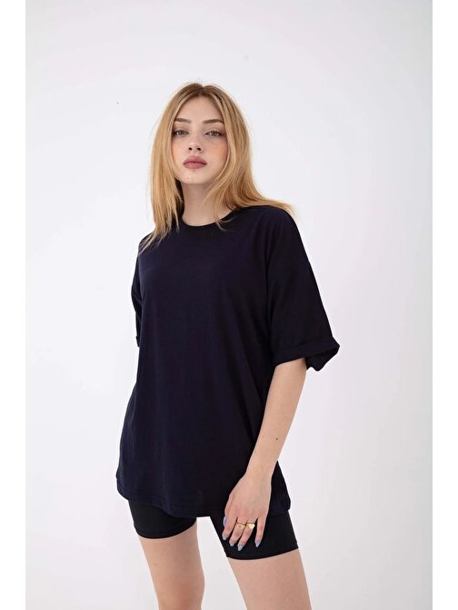 Kadın Basic Baskısız Düz Oversize Salaş Bol Kesim Duble Kol T-shirt