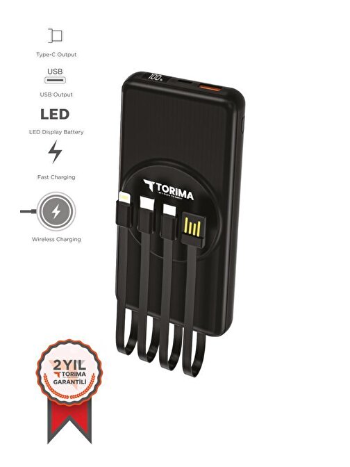 Torima TRM-1014 Siyah 10.000mAh Wirelles Dijital Göstergeli Hızlı Şarjlı Powerbank