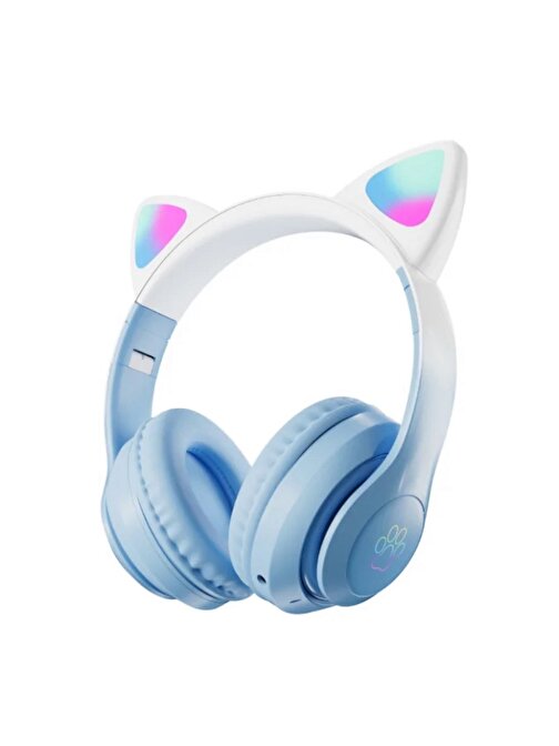 STN-28 PRO Sevimli Kedi Kulaklı Led Işıklı Katlanabilir Kablosuz Kulaküstü Bluetooth Kulaklık MAVİ
