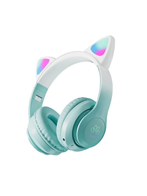 STN-28 PRO Sevimli Kedi Kulaklı Led Işıklı Katlanabilir Kablosuz Kulaküstü Bluetooth Kulaklık YEŞİL