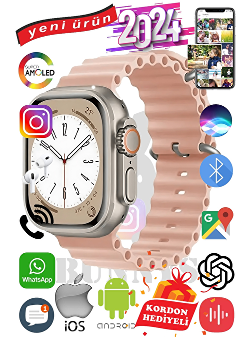 Apple iPhone 13 mini Uyumlu Akıllı Saat ULTRA MAX 2024 Kordon Hediyeli Amoled Ekran