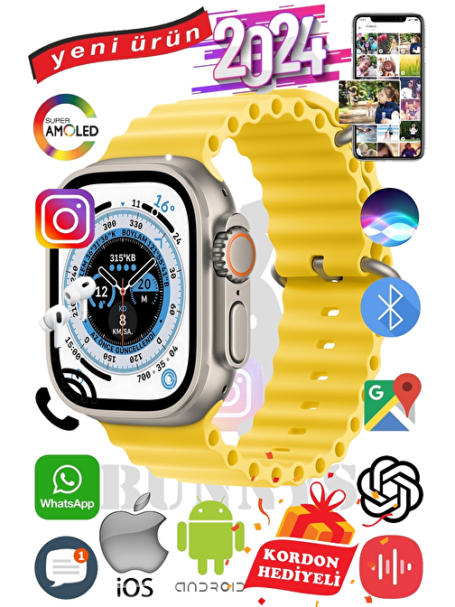 Apple iPhone 13 Pro Max Uyumlu Akıllı Saat ULTRA MAX 2024 Kordon Hediyeli Amoled Ekran