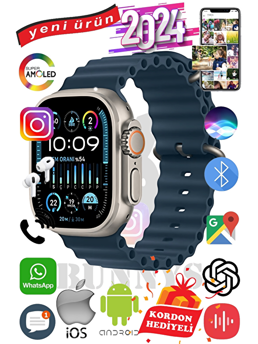APPLE İPHONE 14 Plus Uyumlu Akıllı Saat ULTRA MAX 2024 Kordon Hediyeli Amoled Ekran