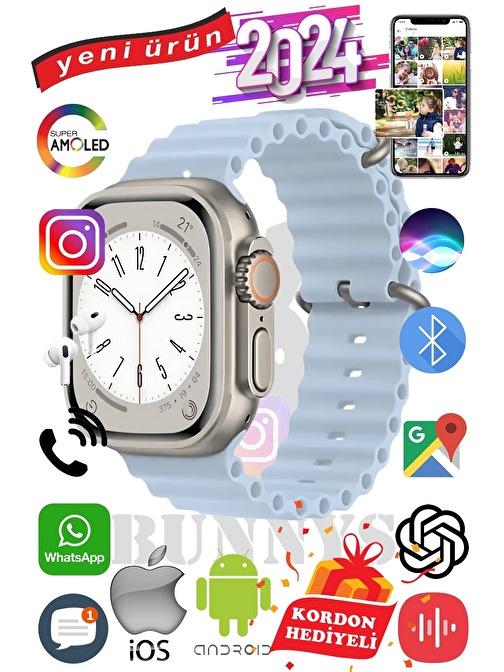 Apple iPhone X Uyumlu Akıllı Saat ULTRA MAX 2024 Kordon Hediyeli Amoled Ekran