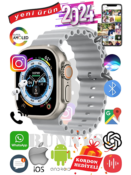 Apple iPhone X Uyumlu Akıllı Saat ULTRA MAX 2024 Kordon Hediyeli Amoled Ekran