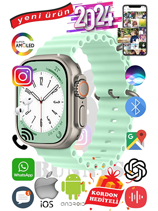 Oppo A54s Uyumlu Akıllı Saat ULTRA MAX 2024 Kordon Hediyeli Amoled Ekran