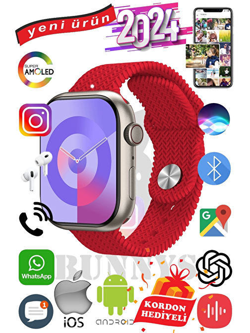 Apple iPhone 11 Pro Uyumlu Akıllı Saat Watch 9 Max+2024 45mm Kordon Hediyeli Amoled Ekran