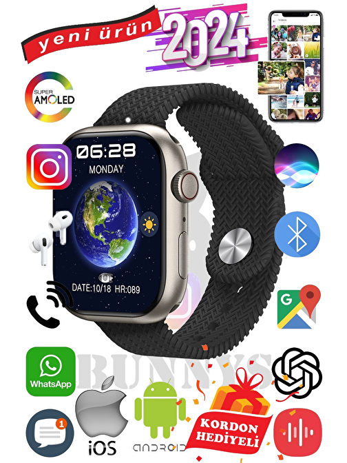 Apple iPhone 11 Pro Uyumlu Akıllı Saat Watch 9 Max+2024 45mm Kordon Hediyeli Amoled Ekran