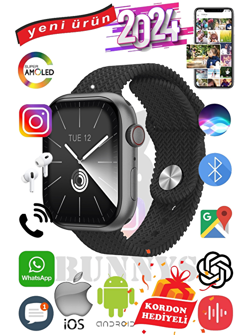 Apple iPhone 11 Uyumlu Akıllı Saat Watch 9 Max+2024 45mm Kordon Hediyeli Amoled Ekran