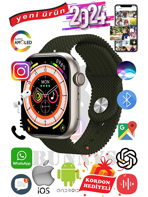 Apple iPhone 11 Uyumlu Akıllı Saat Watch 9 Max+2024 45mm Kordon Hediyeli Amoled Ekran