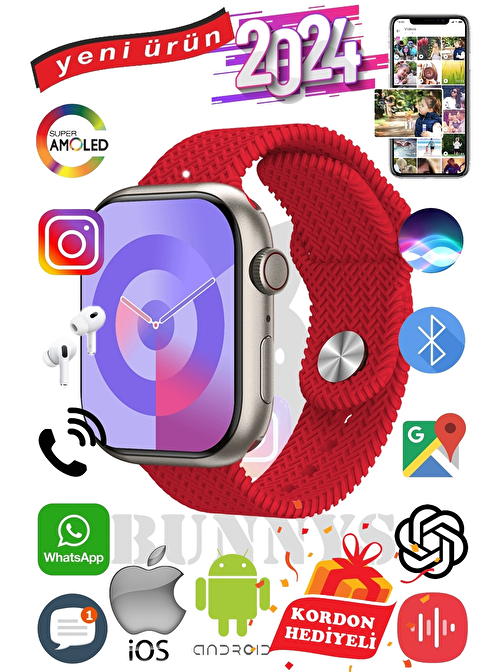 APPLE İPHONE 15 PRO MAX Uyumlu Akıllı Saat Watch 9 Max+2024 45mm Kordon Hediyeli Amoled Ekran