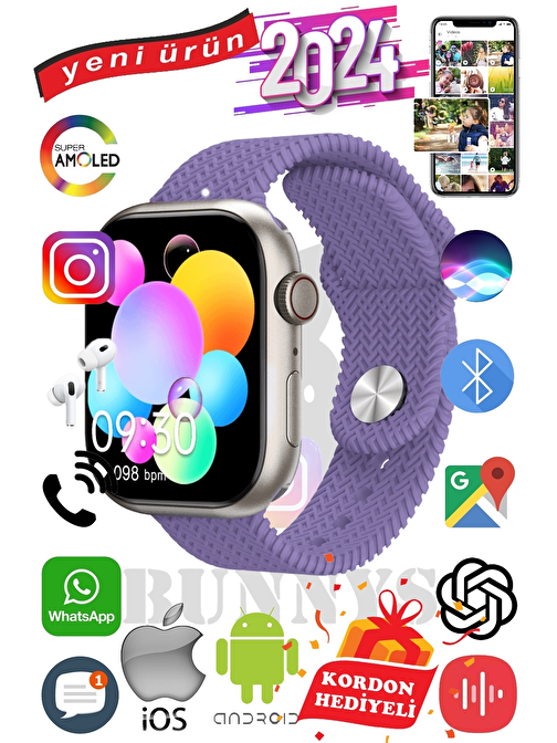 APPLE İPHONE 15 PRO Uyumlu Akıllı Saat Watch 9 Max+2024 45mm Kordon Hediyeli Amoled Ekran