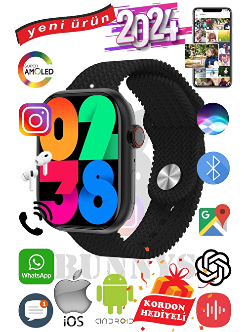APPLE İPHONE 15 PRO Uyumlu Akıllı Saat Watch 9 Max+2024 45mm Kordon Hediyeli Amoled Ekran